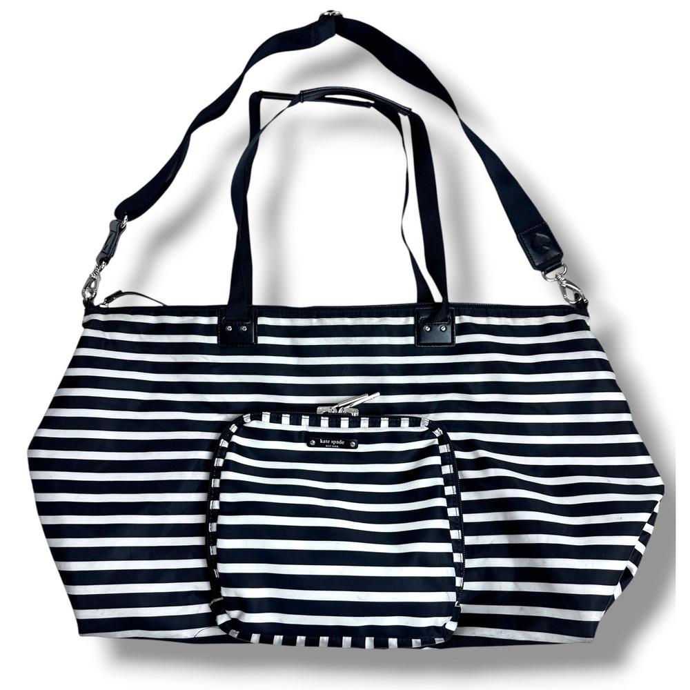 Kate Spade Weekender Bag Womens Large Black White Striped Packable